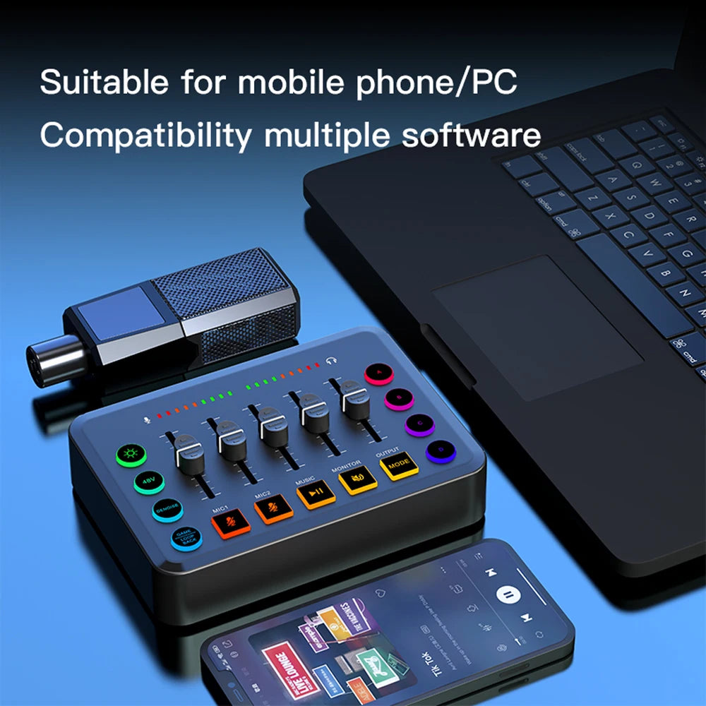 Gaming Audio Mixer Streaming 5-Channel RGB Mixer with XLR Microphone Interface for Game Voice Podcast Live Streaming