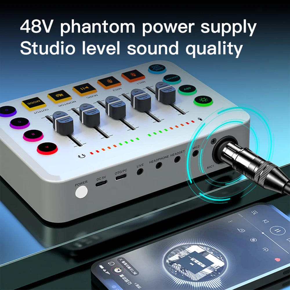 Gaming Audio Mixer Streaming 5-Channel RGB Mixer with XLR Microphone Interface for Game Voice Podcast Live Streaming